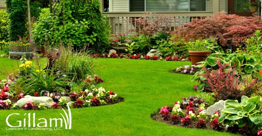 Lush manicured lawn with greenery and florals